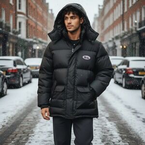 VTG FIRST DOWN Exploration Rugged Black Hooded Puffer Parka Down Jacket Mens XL